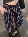 Blue Retro Lattice Slacks Wide Leggings Women Early Spring High-Waisted Lazy Style Trousers Straight Trousers Trousers