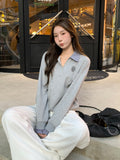 Grey Lattice Collar Fake Two Long-Sleeved Edgy Women 2026 Autumn And Winter Embroidery Small Flowers Loose Thin Top
