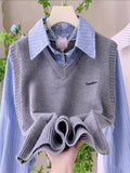 Fake Two Striped Splicing Knitted Long-Sleeved Shirt Women's Spring New Leisure College Style Stacked Clothes