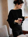 French Black Nail Beads Collar Knitted Women's New Languid Wind High Sense Loose Sweater Top