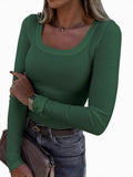 2026 New Burst Threaded Pit Strips Long-Sleeved Sexy U-Neck Casual Women's T-Shirt