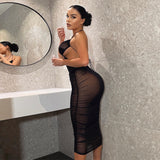 Summer New Sexy Hottie Hanging Neck Tie Bare Back Net Yarn Transparent Dress