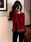 French High-End Fine Shiny Red Knitted Shirt Women 2025 Winter New Fashion Elegant Top