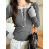 Black Retro Wind Collar Straight Shoulder Elastic Bodyd Shirt Shirt Early Autumn Girl Crash Design T-Shirt Long Sleeve