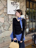 Fake Two Lattice Splicing A Shoulder-To-Shoulder Shirt Women's Autumn And Winter 2026 New Unique Special Hot Girl Top