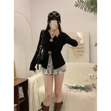 Spice Girls Black V-Neck Button Open Fork Design Long-Sleeved T-Shirt Women Autumn Pure Desire To Tie Irregular Beauty Top