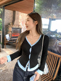 Sexy Babes Fake Two Knitted Long-Sleeved T-Shirt Women 2026 Early Autumn New Button Design Temperament V Collar Top