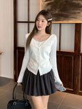 Half-Open Collar Two Lace Splicing Long-Sleeved T-Shirt Women 2026 Early Autumn Wood Ear Design Bottom Shirt Top