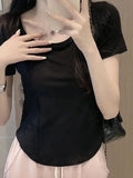 Positive Shoulder Short Sleeve T-Shirt Girls Summer Slime Under The Irregular Curves Under The Short Skinny Fish Bone Cotton Top