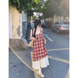 Blue Lattice Dress Dress Dress Dress Women Summer New Fake Two Splicing Lace Niche Design Long Dress