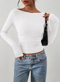 Women's Long Sleeve 2025 Autumn Word Collar Basic T-Shirt Casual Rib Knitted Corrugated Tribs