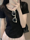 Positive Shoulder Short Sleeve T-Shirt Girls Summer Slime Under The Irregular Curves Under The Short Skinny Fish Bone Cotton Top