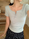 Red Button Half-Neck Round Sleeve 2026 Summer New Folding Repair Slimming Hottie Short Top