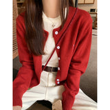 Red Round-Neck Long-Sleeved Knitted Shirt Women 2026 Autumn Embroidered Anco La Red Wearing Slim Top