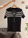 Korean Button Half-Neck Short-Sleeved T-Shirt Striped Knitted Dress Slim Slimmed Summer Beautiful Slim Slim Slim Small Top