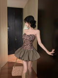 Leopard-Print Sling Dress Women's Autumn And Winter Fish Bones Waist Boa Boa Ponpong Skirt Inside The Breast-Scarb Skirt