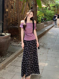 One-Word Shoulder Slimming Folded Short-Sleeved T-Shirt High-Waisted Floral Skirt 2026 Summer Fashion Suit Women Ins