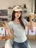 Pure Lace Side U-Neck Short-Sleeved T-Shirt Women 2026 Summer New Collared Button Repair Inside The Bottom Top