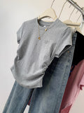 Shoulder Waist Short-Sleeved T-Shirt Women 2025 Summer New Folding Slimming Small Sweet Spicy Top