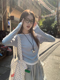 Collider Splicing And Fake Two Shoulder Long-Sleeved T-Shirts For Girls Spring Folds To Collect The Waist Thin Round Collar Inside The Top Of The Top