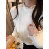 Australian Velvet Splicing Lace Lace Half-High Collar Bottom T-Shirt T-Shirt Women's Autumn And Winter Slimming Thin Warm Inside Cloth