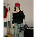 Black Slack Feel Inclined Angle Shoulder Long-Sleeved T-Shirt Girl Out-To-Shoulder Early Autumn Lazy Loose Babes Sexy Shoulder