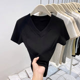European Gray V-Neck Short-Sleeved Summer T-Shirt Girl 2025 New Design To Repair The Slim Solid Color Fish Bone Waist Top