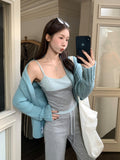 Water Blue Design Stitching Temperament Long-Sleeved Knitted Sweater 2026 Autumn And Winter Loose Thin Lazy Wind Coat