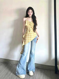 Designing A Sense Of Yellow Lattice Loaf Side Sling Female Summer Hottie Wear Long Irregular Ribbon Sleeveless Top