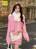 Temperament Thousand Gold Wind Pink Sweater Set Of Women's Autumn And Winter Sweet Soft-Creinating V-Neck Knitted Skirt Two-Piece