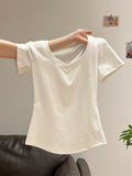 Yellow Simple Casual C Chic V-Neck Short-Sleeved Woman 2026 Summer New Fashion Age Reduction Front Shoulder T-Shirt Korean Top