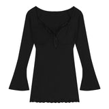 Brown Sexy V-Necked Long-Sleeved Dress Woman Autumn Lace Inside The Little Mother Dress Tight Waist-Up Ass Skirt