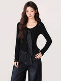Korean Wave Point With Bow Knitted Women 2026 Autumn And Winter Pit Strip V Collar Long Sleeve Bottom Shirt Top