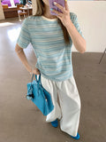 Fashion High-End Color Striped Round-Neck Short-Sleeved T-Shirt For Women's Summer New Loose Meat Masking Thin Casual Blouse