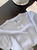 Blue Bow Embroidered Thin Knitted Short-Sleeved T-Shirt Women 2025 New Fashion Shoulder Shirt Top