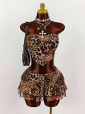 New Leopard Print Body Sexy Short Bra Vest Coat With Leaf-Side Skirt Suit For Women