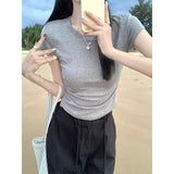 Summer Solid Color Shoulder Embroidery Round Collar Age Reduction Short-Sleeved T-Shirt Waist Folds To Collect Waist Thin Elastic Short-Term Coat