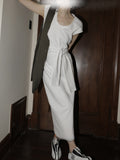 Spring And Summer New Structure Design Elegant French Lazy Dress U Collar Waist Thin After Open Fork Knot Dress