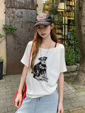 Korean Flower Gray Puppy Letter Print Oblique Shoulder Short-Sleeved T-Shirt Women's Summer New Fashion Top