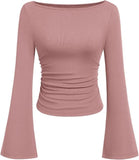 Hottie Solid Color Boat Collar Horn Sleeve T-Shirt Girl 2025 Autumn Dress Folds Thin Tops Long Sleeve