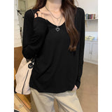 Lazy Windy Feeling White Pure Lust U Collar Long-Sleeved T-Shirt Girl Early Autumn With Hot Girls Loose Thin Bottom Shirt Top