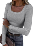2026 New Burst Threaded Pit Strips Long-Sleeved Sexy U-Neck Casual Women's T-Shirt