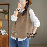 Vintage Art Buckle Embroidered Knitted Vest For Women's Extra-In-2025 Spring New Round-Neck Cotton Sweater Vest