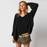 V-Necked Fashion Casual Waffling Shoulder Sleeves Sweater Movement Languid Autumn And Winter Top