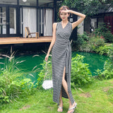 2025 Summer New Fashion Temperament Slimmed Waist French Design Style Stripe Strapped Open Fork Dress