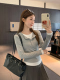 Flower Ash Fake Two Splicing V-Neck Long-Sleeved T-Shirt Women 2026 Autumn New Slimy Button Bottom Shirt Top