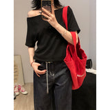 Summer Shoulder Sexy T-Shirt Girl Blue Neckline Collar Collar Slanted Shoulder Short Sleeves Loose Lazi White Top