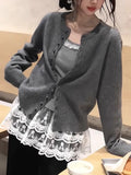 Korean Retro Gray Knitted Cardigan Sweater Coat Women Early Spring With Folding Design Sense Of Unique Top