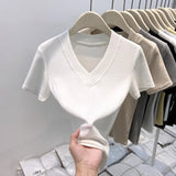 European Gray V-Neck Short-Sleeved Summer T-Shirt Girl 2025 New Design To Repair The Slim Solid Color Fish Bone Waist Top