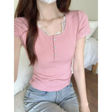 Korean Version Of The Solid Half-Open Lace Splicing Shoulder Short-Sleeved T-Shirt Women Pure Desire High Waist Thin Hottie Summer Top
